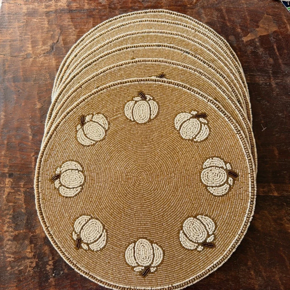 India Beaded Placemats Set of 6 Gold White New Pumpkin Harvest Fall Cottagecore